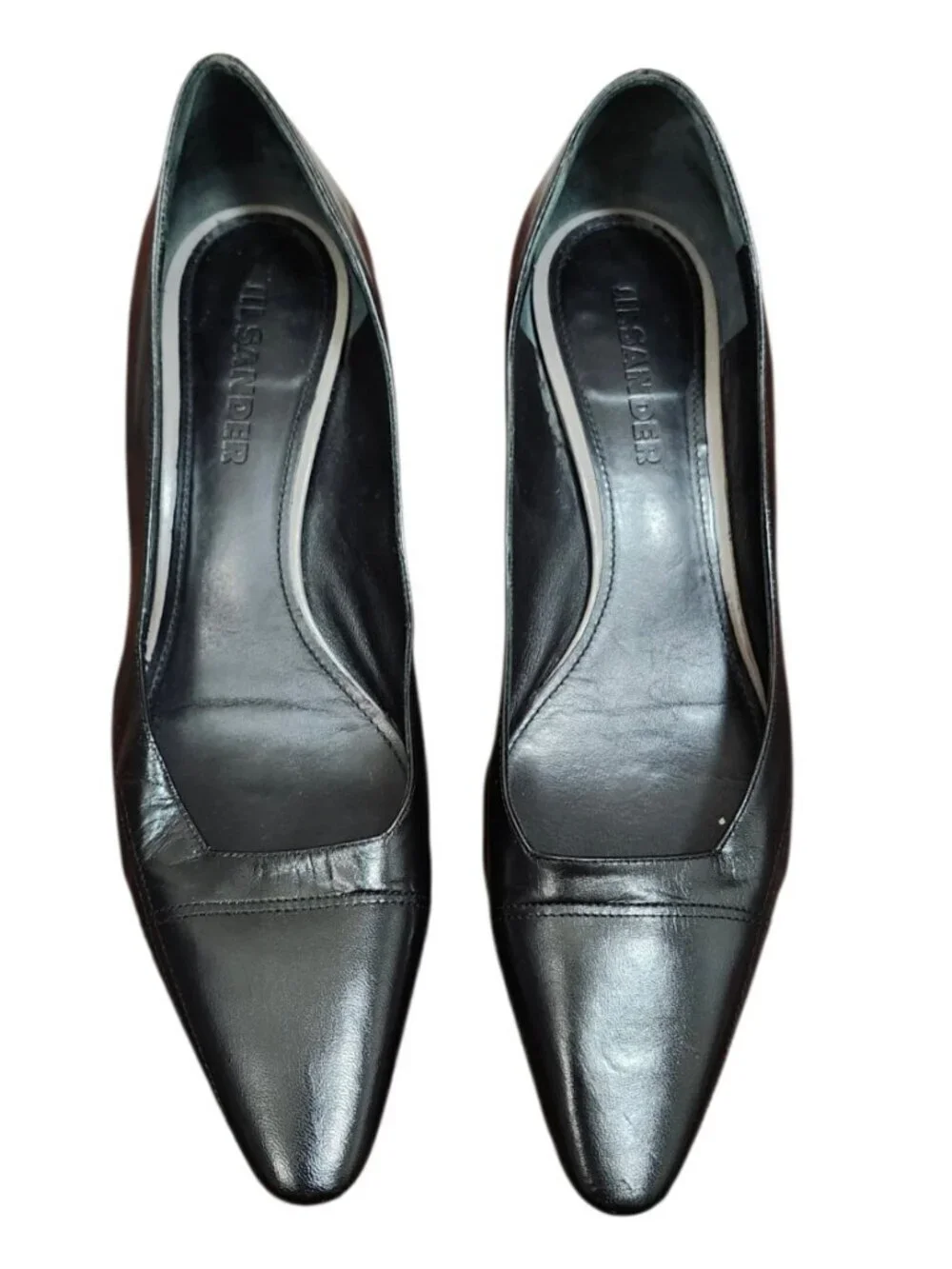 JIL SANDER Black Leather Pumps Gold Metallic Heel Pointed Toe Kitten Heel 38.5